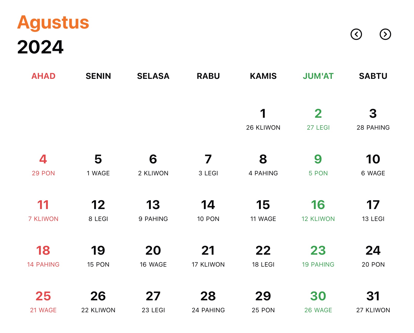 Gambar Kalender Jawa Bulan Agustus Tahun 2024