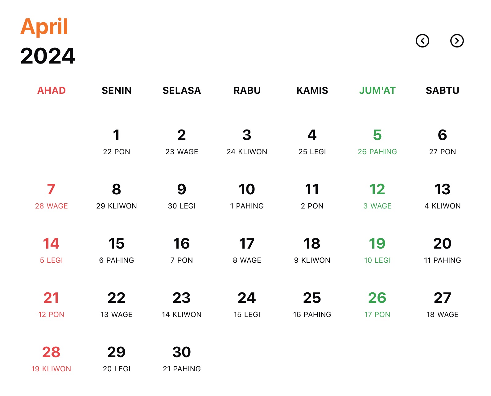 Gambar Kalender Jawa Bulan April Tahun 2024