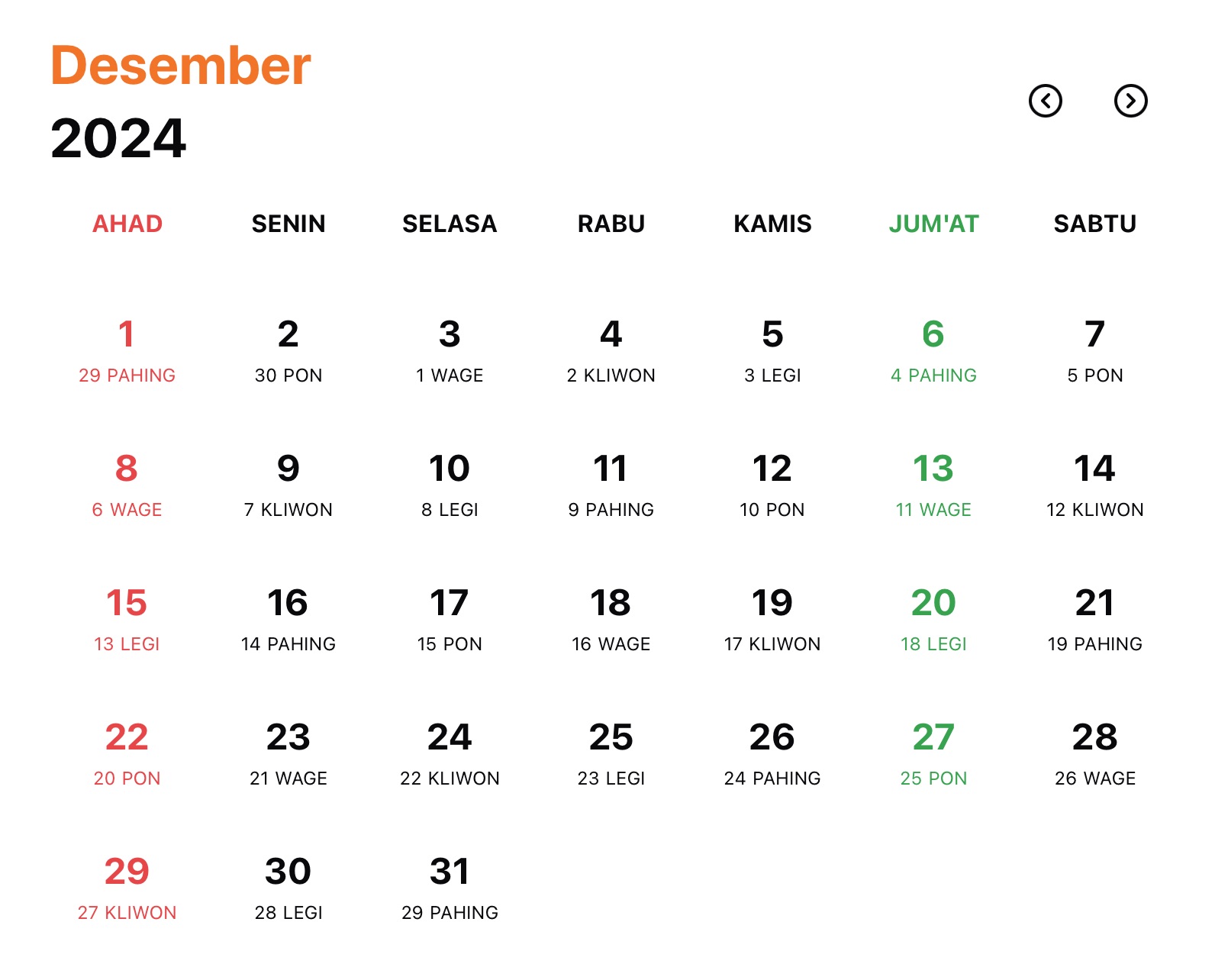 Gambar Kalender Jawa Bulan Desember Tahun 2024