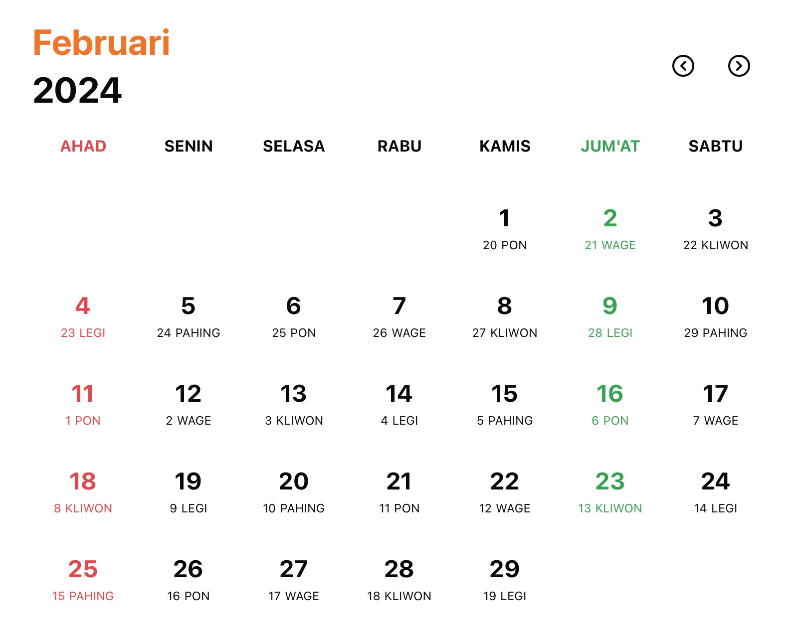 Gambar Kalender Jawa Bulan Februari Tahun 2024