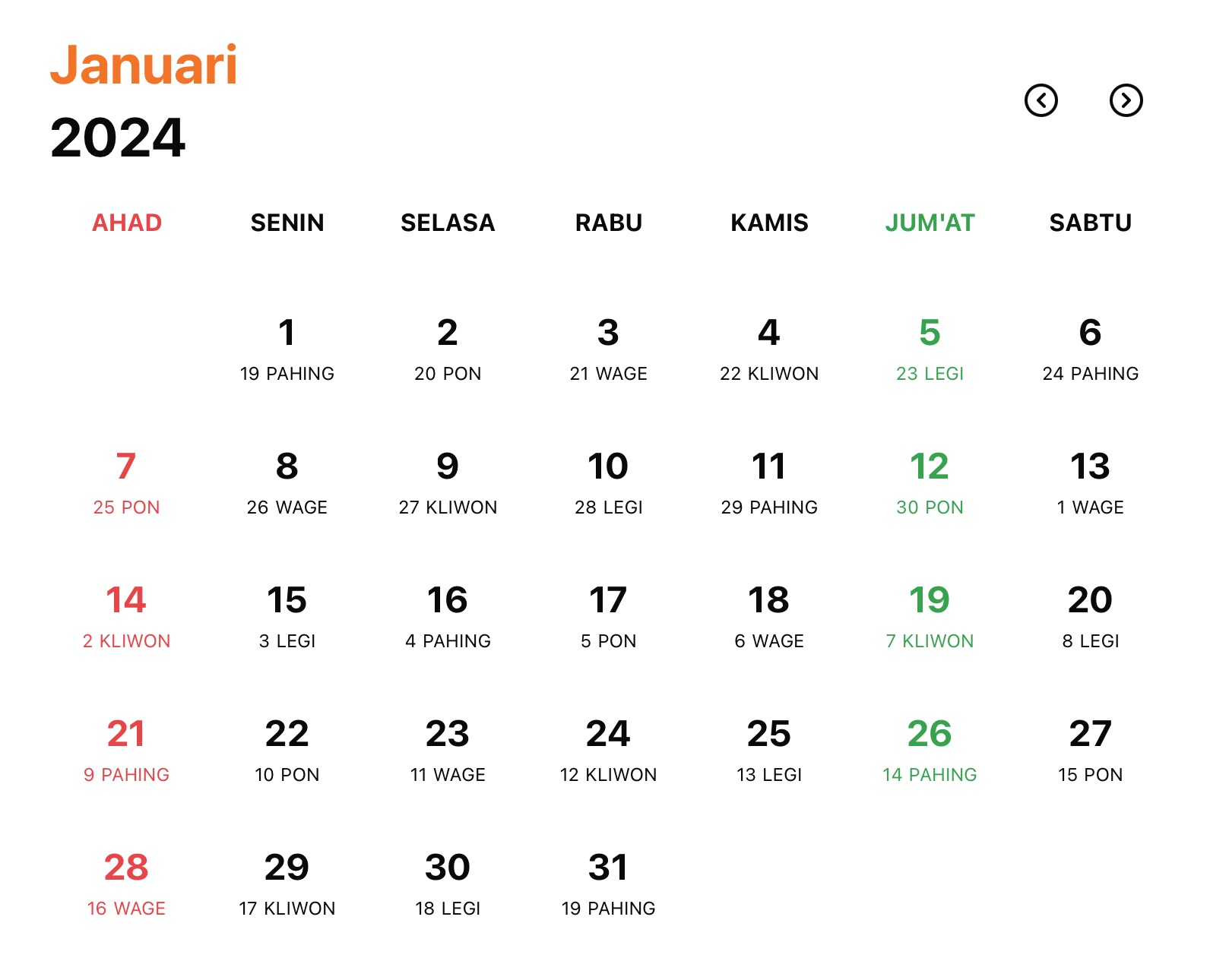 Gambar Kalender Jawa Bulan Januari Tahun 2024