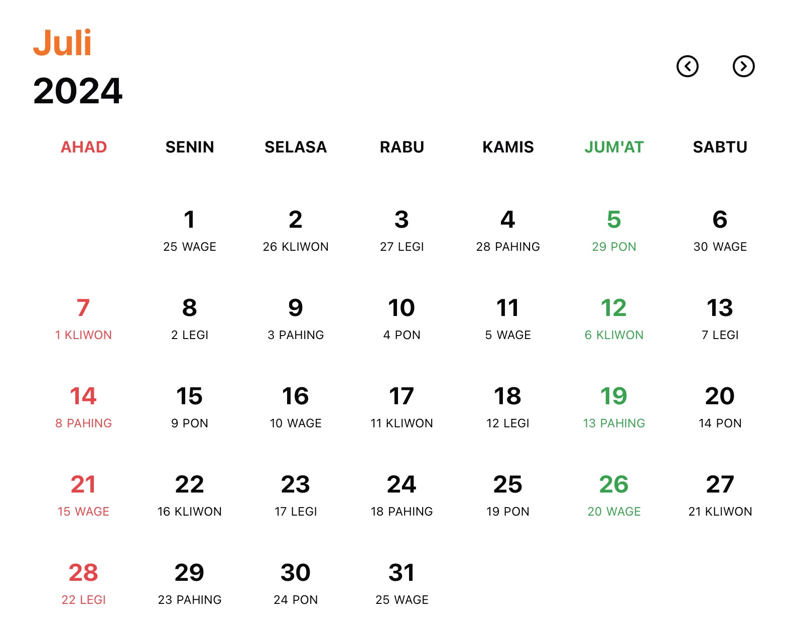 Gambar Kalender Jawa Bulan Juli Tahun 2024