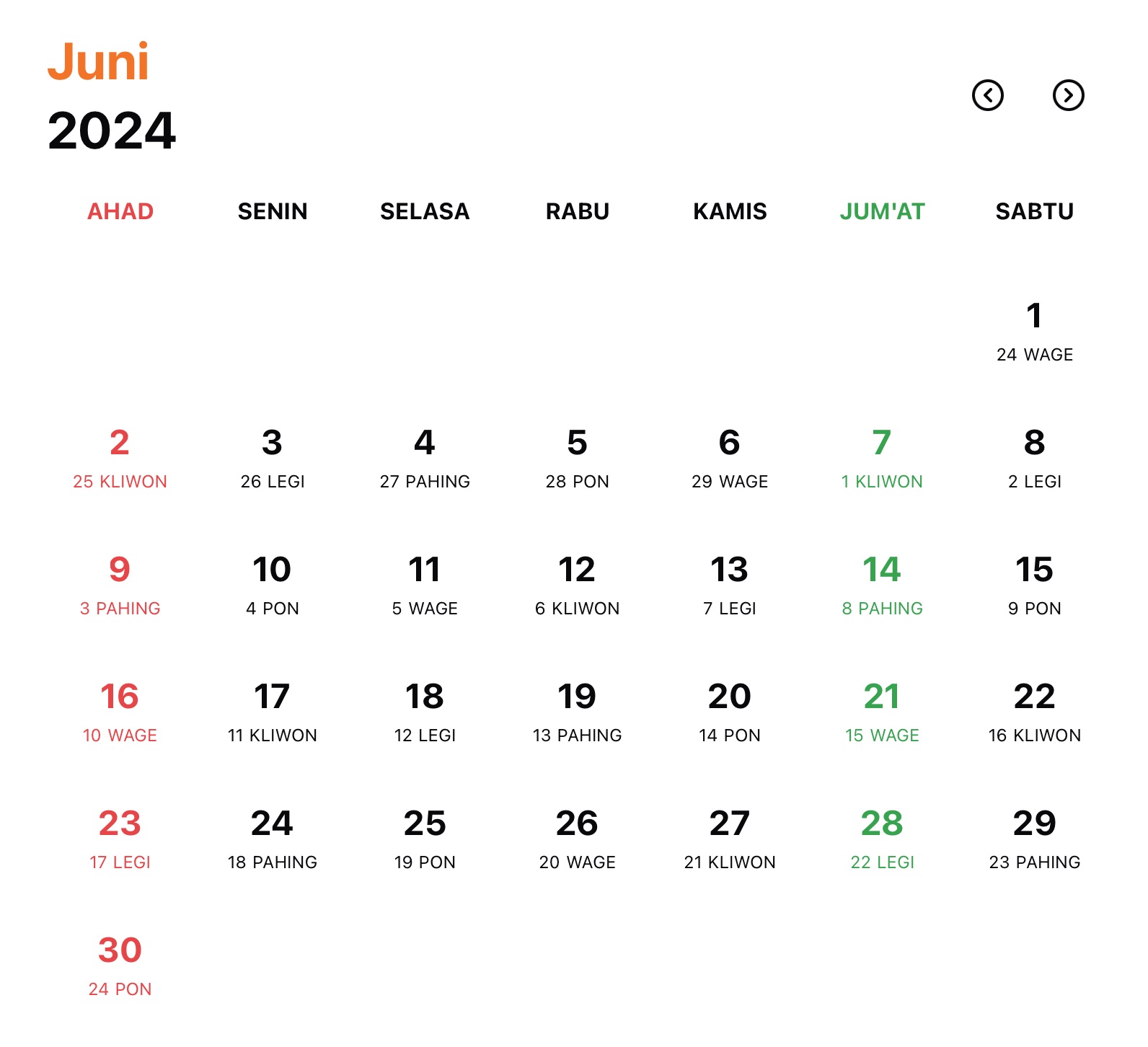 Gambar Kalender Jawa Bulan Juni Tahun 2024