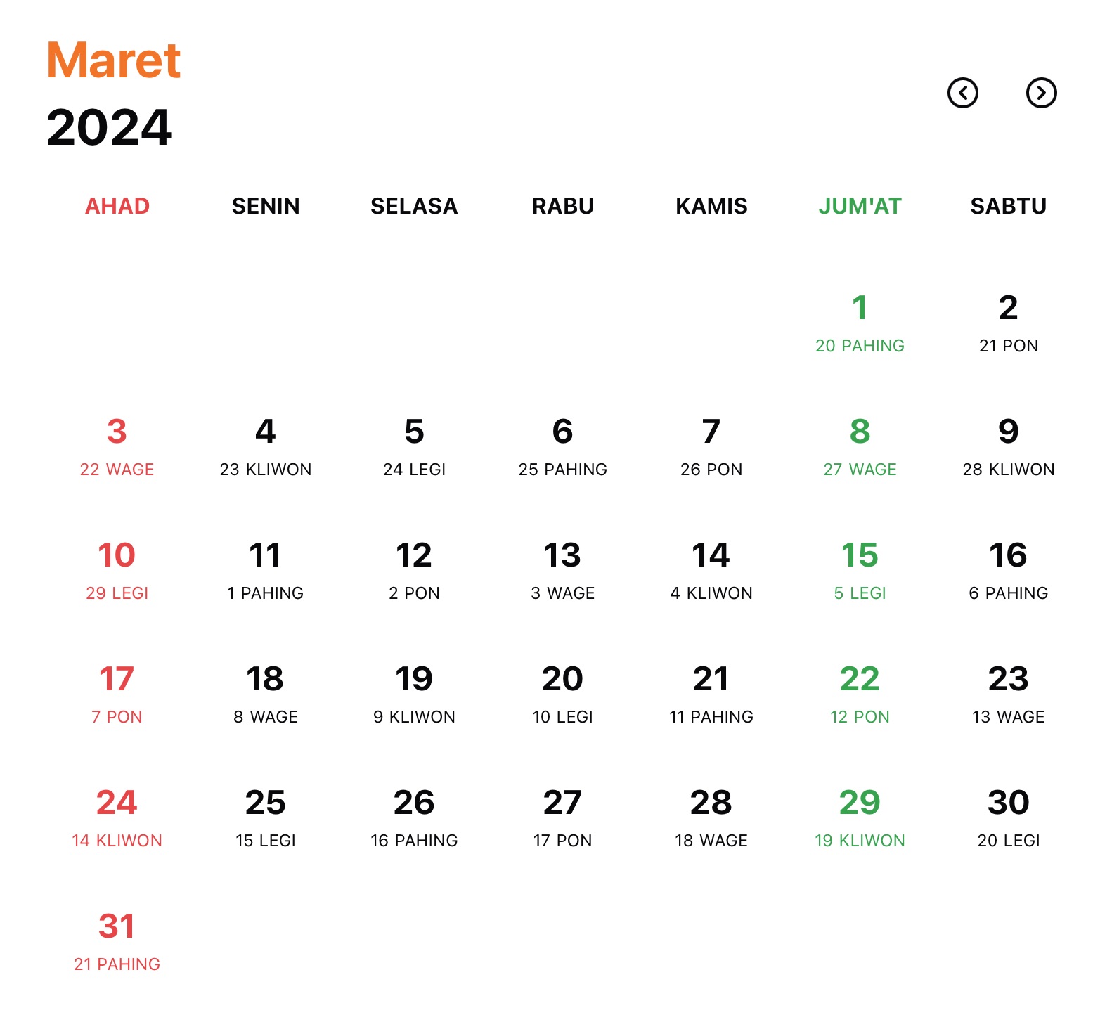 Gambar Kalender Jawa Bulan Maret Tahun 2024