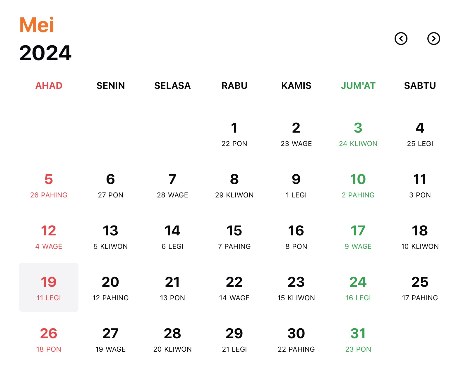 Gambar Kalender Jawa Bulan Mei Tahun 2024