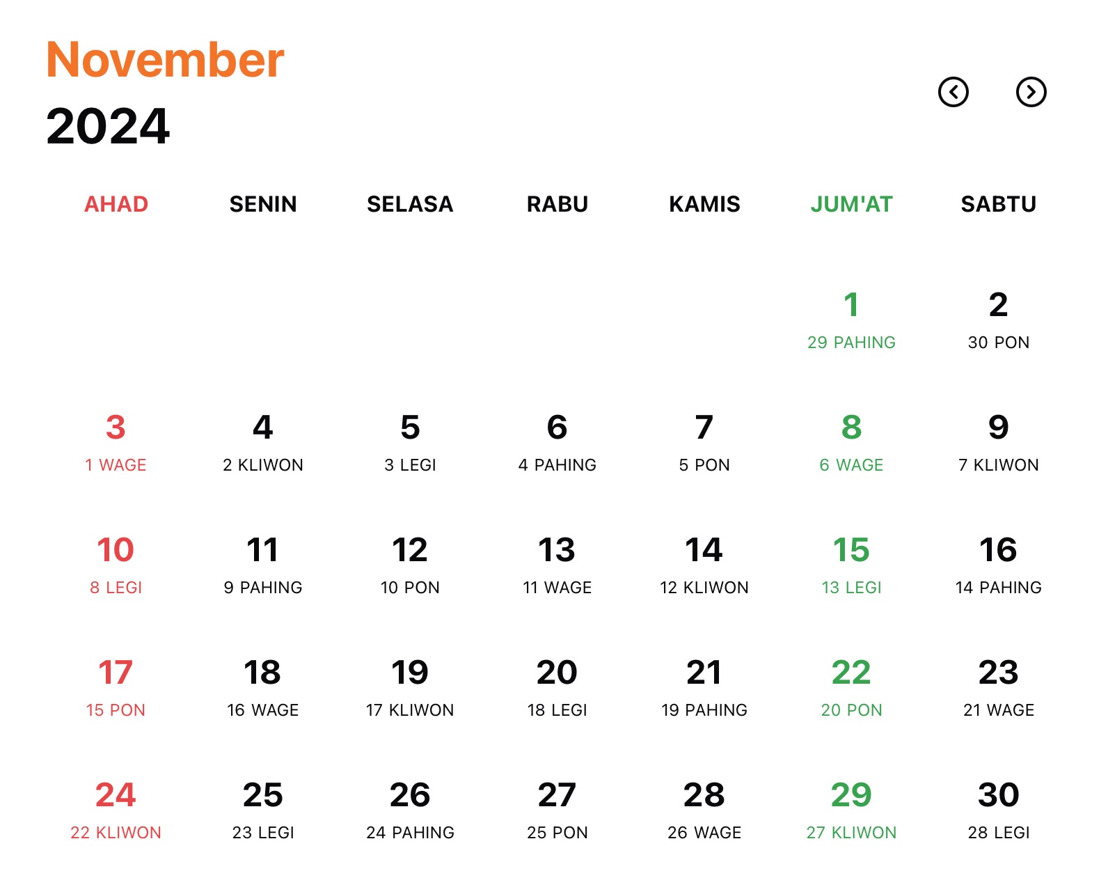 Gambar Kalender Jawa Bulan November Tahun 2024