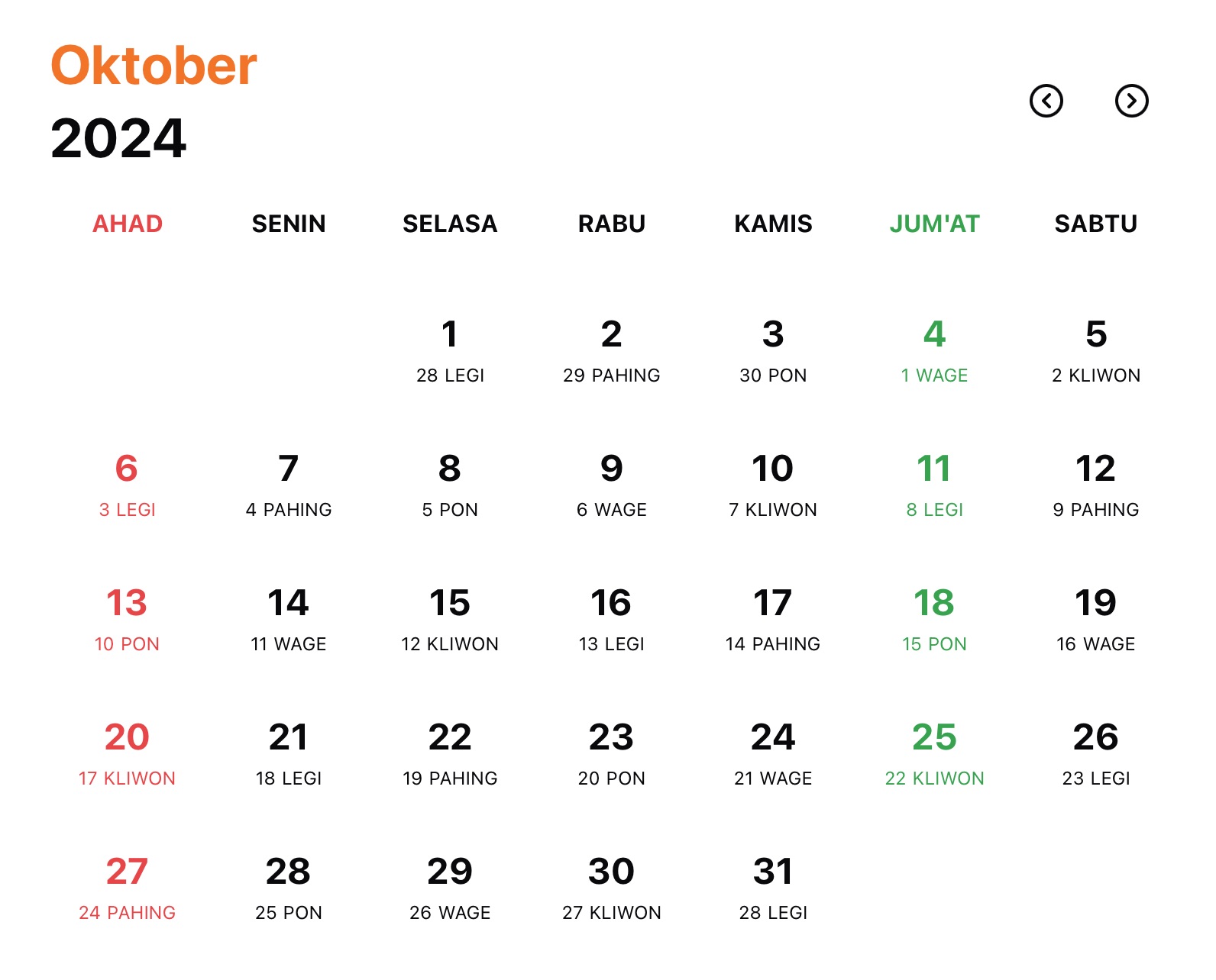 Gambar Kalender Jawa Bulan Oktober Tahun 2024