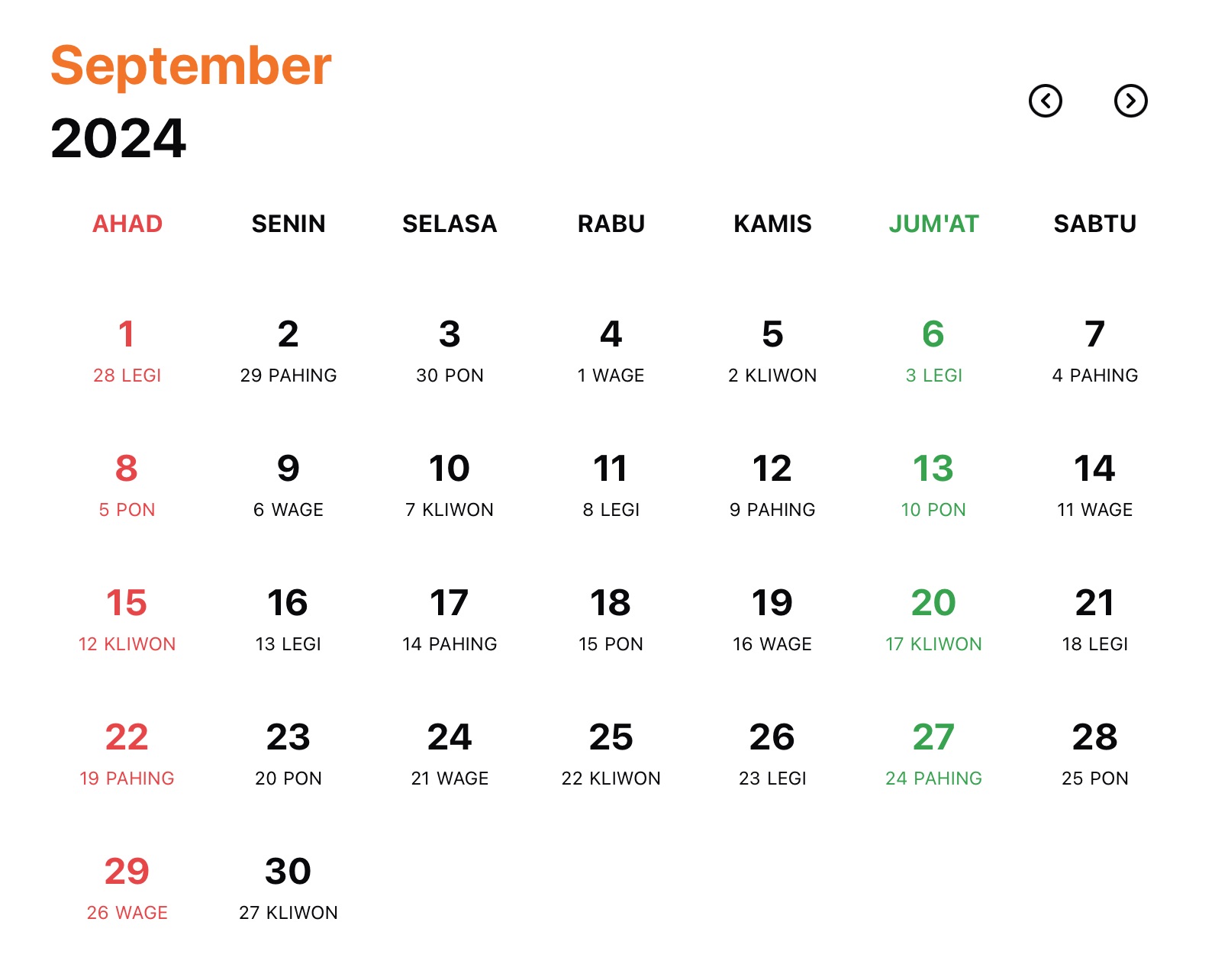 Gambar Kalender Jawa Bulan September Tahun 2024