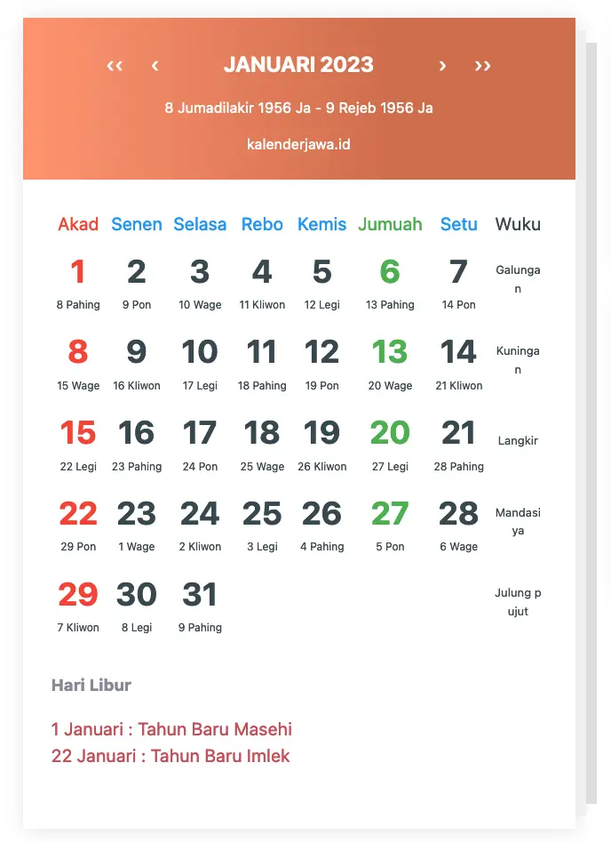 Gambar Kalender Jawa Januari 2023