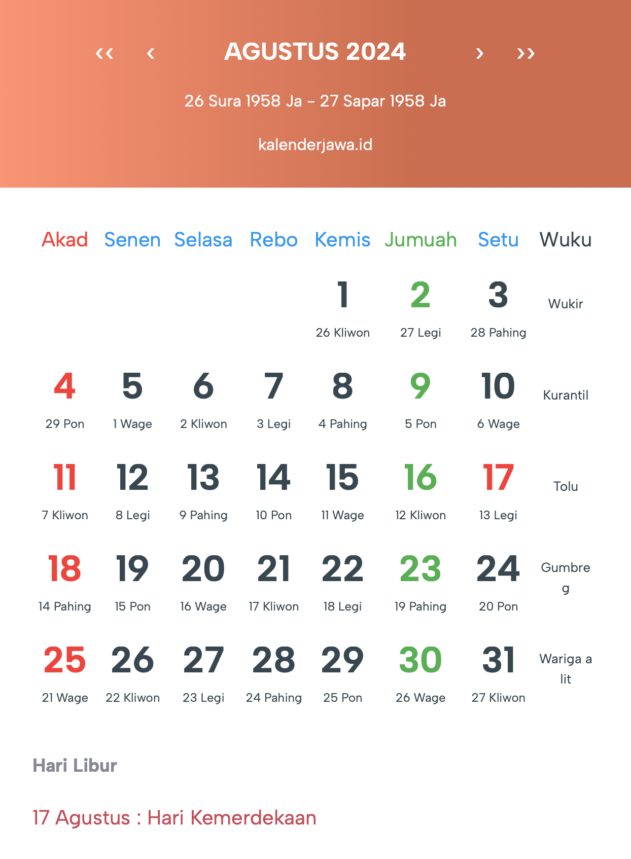 Gambar Kalender Jawa Agustus 2024