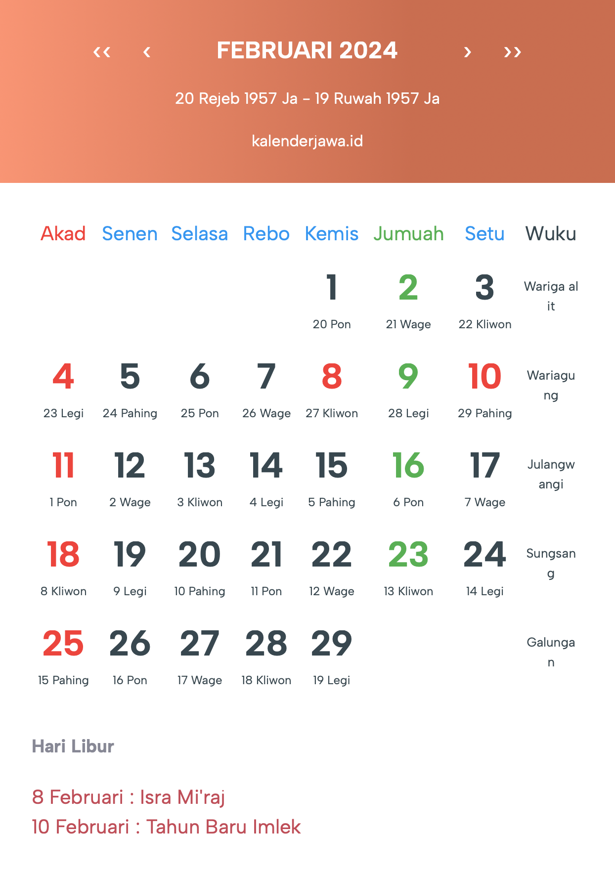 Gambar Kalender Jawa Februari 2024