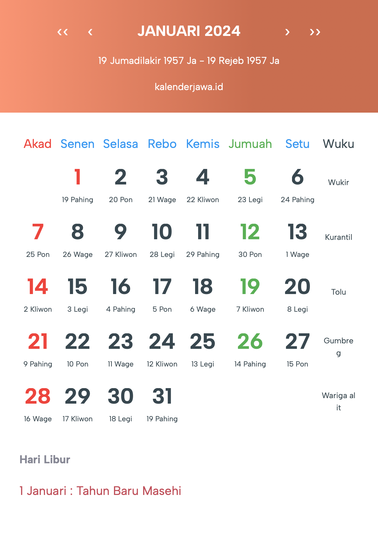 Gambar Kalender Jawa Januari 2024
