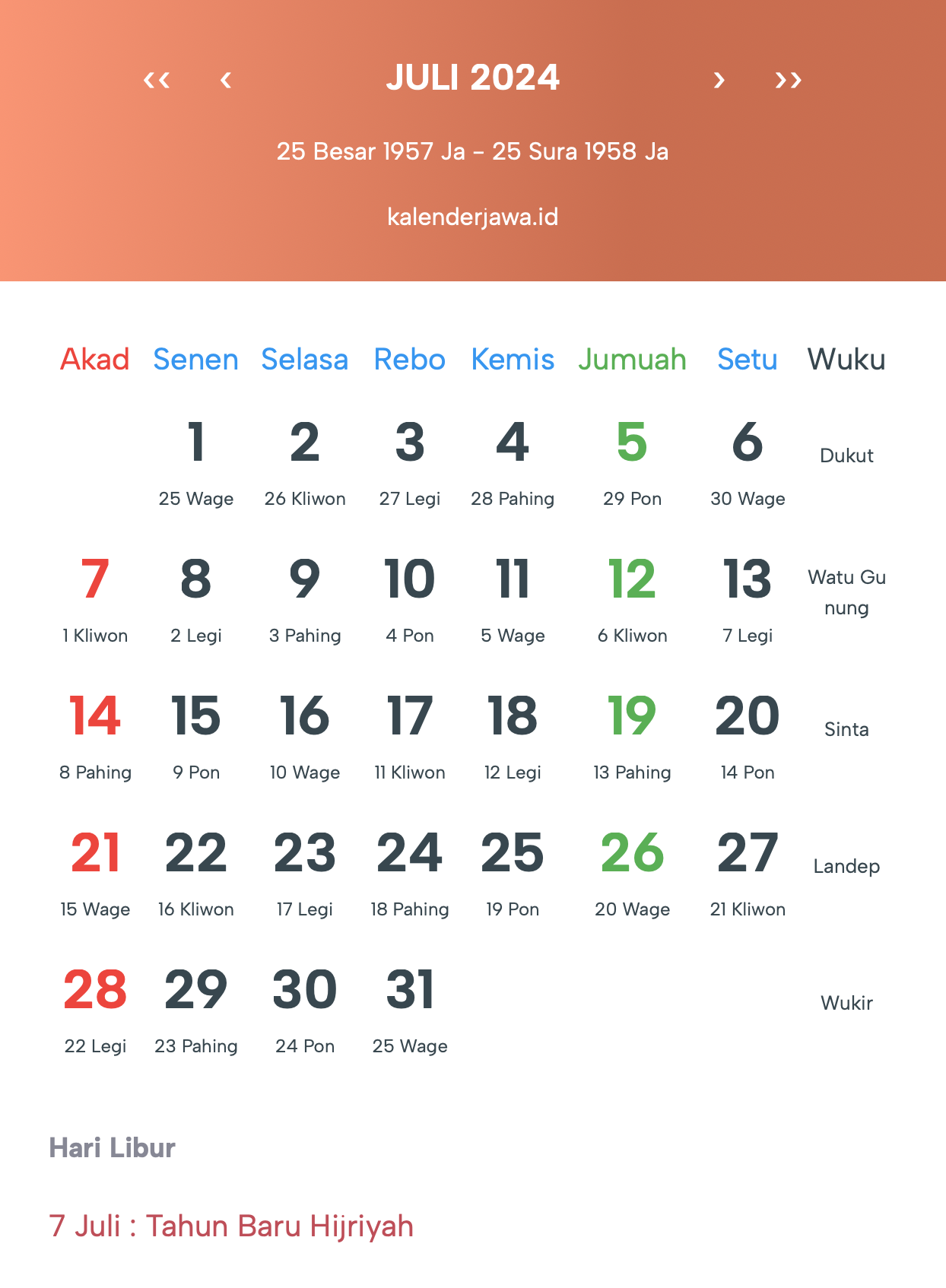 Gambar Kalender Jawa Juli 2024